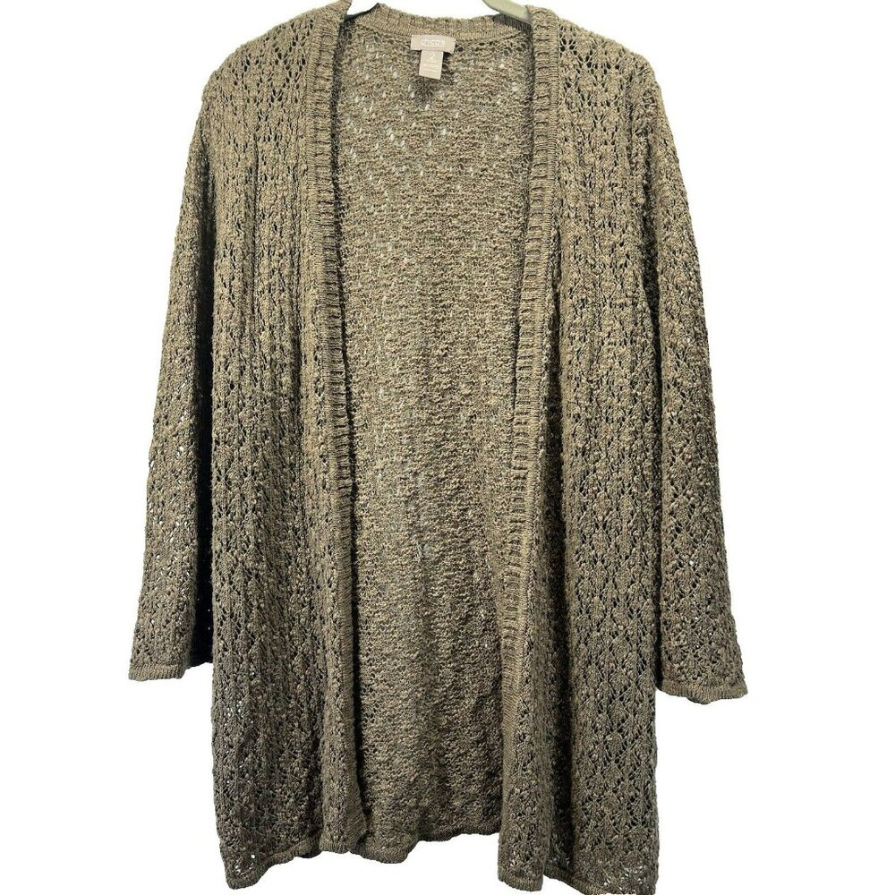 Chicos Sweater Open Crochet Size Large Tan Brown Beach Stretch Cotton Blend Knit